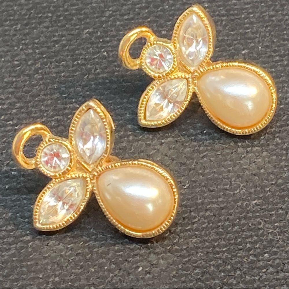 Gold Tone Rhinestone & Faux Pearl Angel Post Earrings